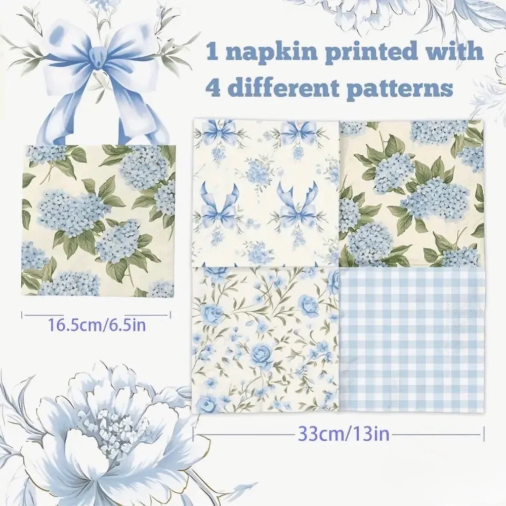 Four-in-One Blue Floral Gingham Designs Luncheon Napkin, 20 pcs
